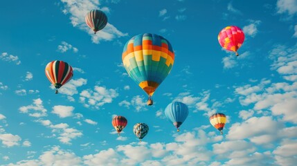 Obraz premium Colorful hot air balloons, blue sky, thin clouds, beautiful scenery. Photo by National Geographic