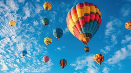 Obraz premium Colorful hot air balloons, blue sky, thin clouds, beautiful scenery. Photo by National Geographic