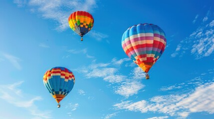 Fototapeta premium Colorful hot air balloons, blue sky, thin clouds, beautiful scenery. Photo by National Geographic