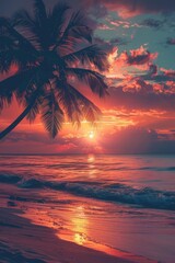 Obraz premium Tropical beach at sunset. Palm trees and sea waves. Paradise island. Trip, travel and vacation theme