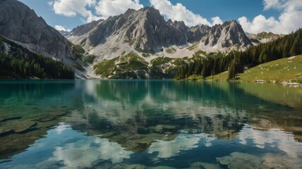 Idyllic Alpine Landscape with a Crystal Clear Lake in Summer