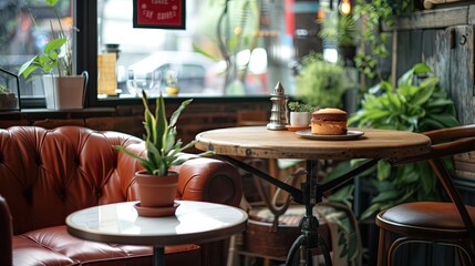 A cozy cafe with a table and chairs, a couch, and potted plants