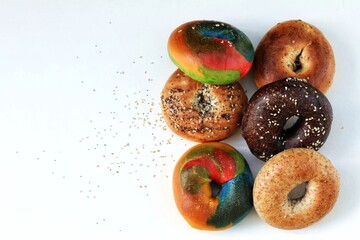 Donuts, on a white background, top view, copy space, horizontal