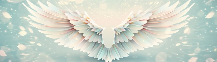 Fototapeta premium Abstract image of white angel wings with soft pastel colors, creating a serene and ethereal atmosphere with a dreamy background.