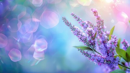 Lavender flowers on lilac branches with green leaves against a blurred backdrop