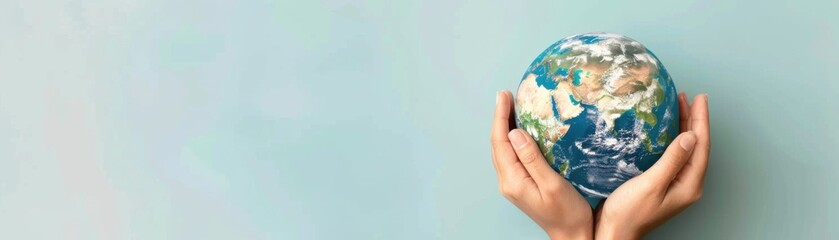 Hands holding a small globe against a light blue background, symbolizing global unity, environmental conservation, and world care.