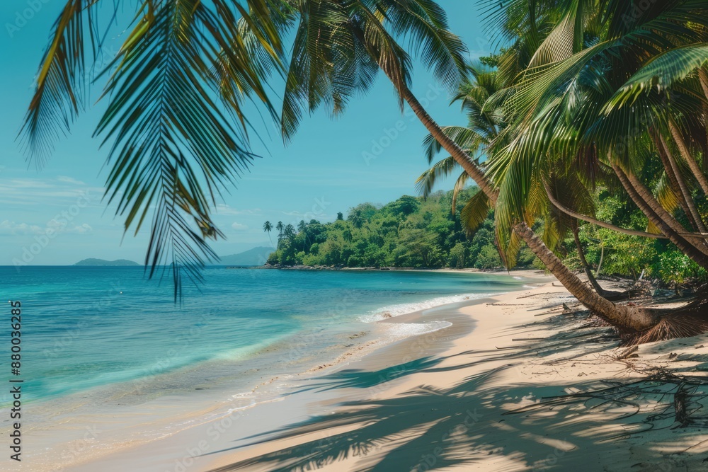 Wall mural Tropical beach with palm trees and azure water in ocean. Paradise island on a sunny day. Trip, travel and vacation theme