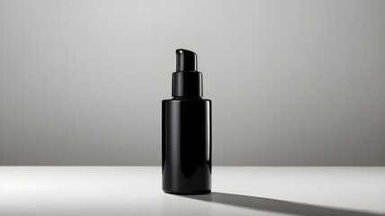 Black Cosmetic Bottle On White Surface Against Grey Background.