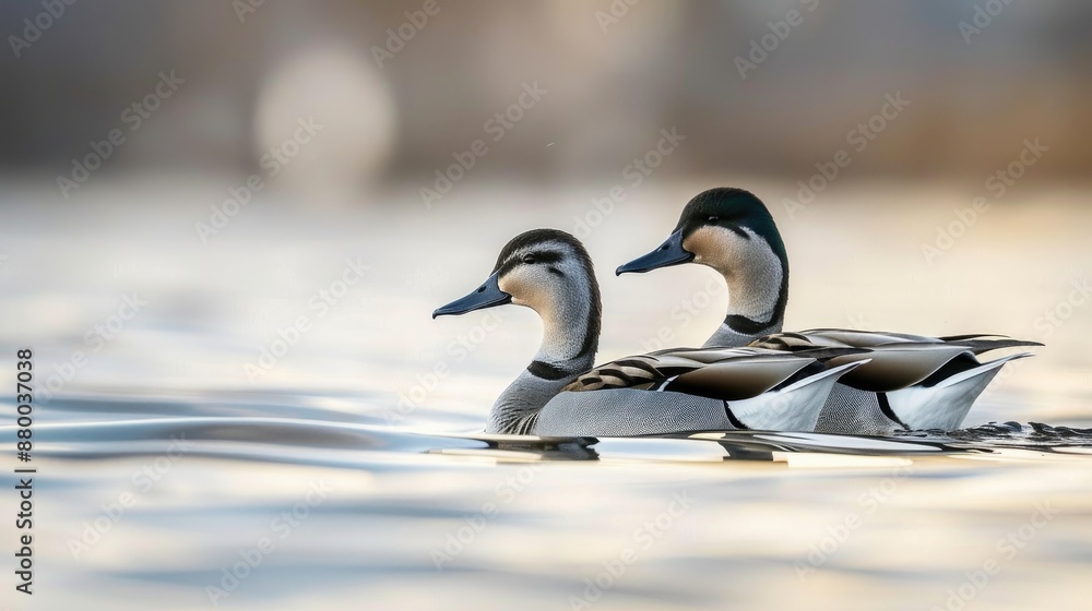 Poster Male and female northern pintails swimming together on a lake s surface