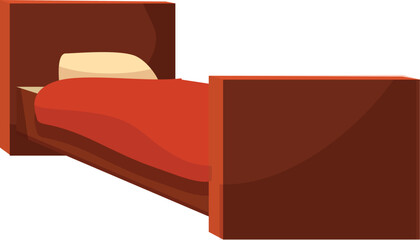 Simple wooden single bed with a red blanket and pillow is ideal for depicting themes of rest and relaxation