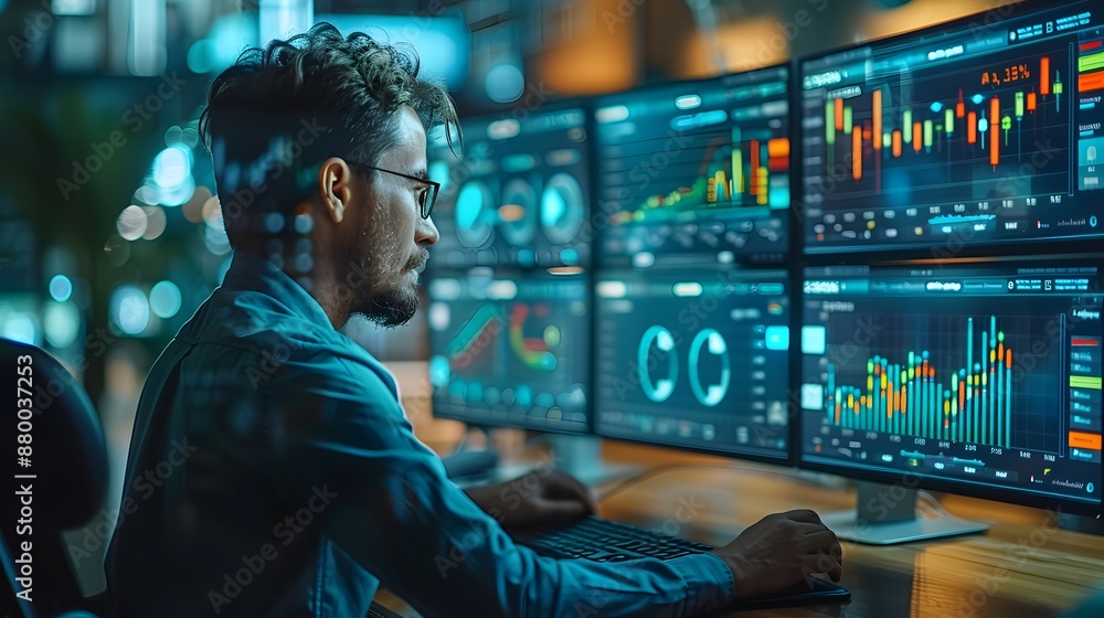 Poster a man is sitting in front of a computer with four monitors, working on a project - generative ai