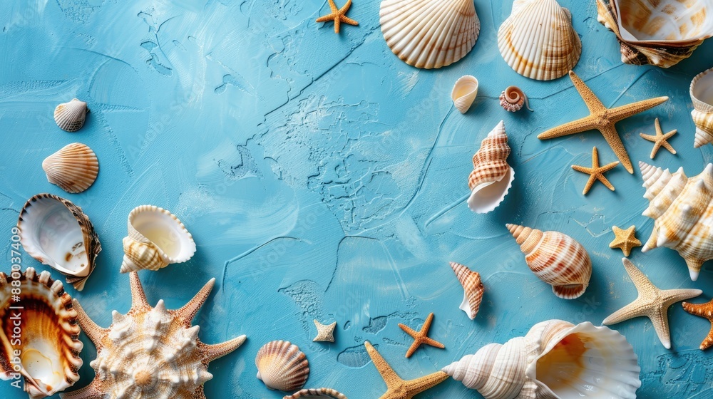 Poster various seashells on blue background from above ample space for text