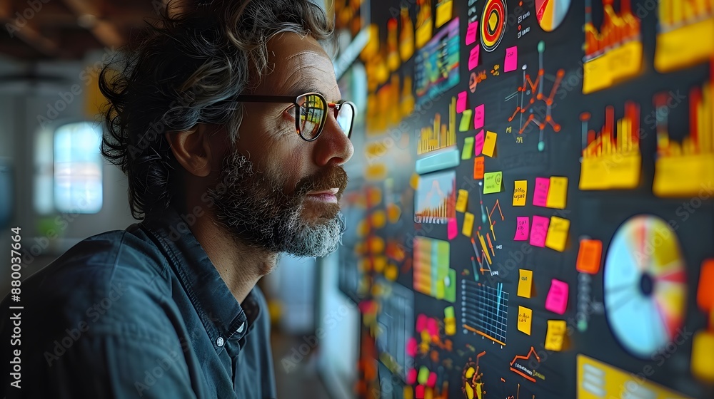 Poster a man is looking at a wall of graphs and charts - generative ai