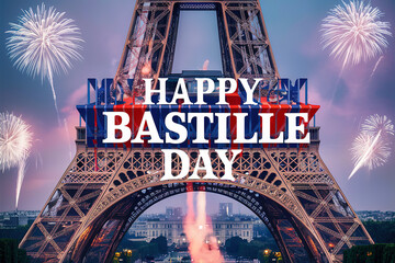 appy Bastille Day with Eiffel Tower Illuminated and Fireworks in the Sky