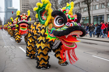 Vibrant Lion Dance Performance During Lunar New Year Parade in City Street