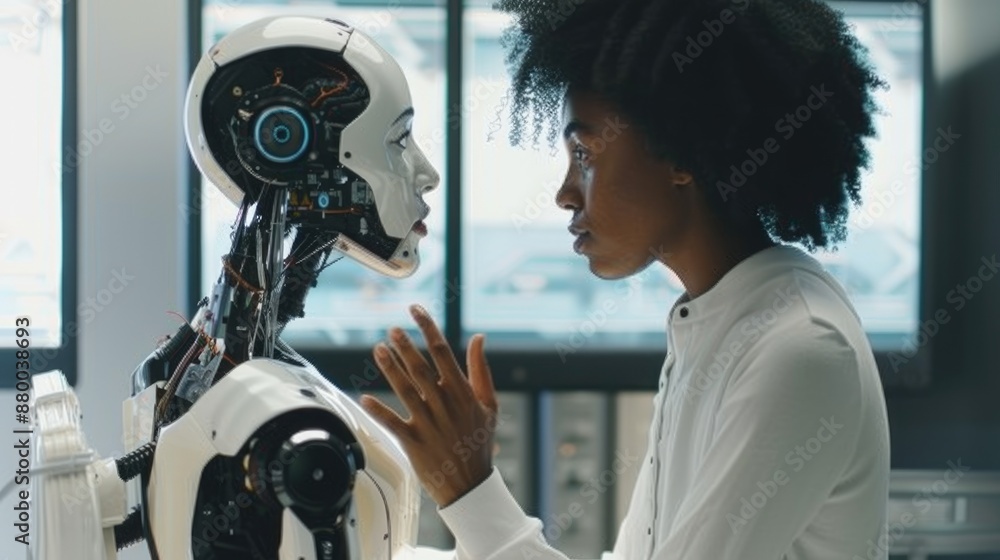 Poster a young scientist is shown interacting with an advanced humanoid robot in a high-tech laboratory set