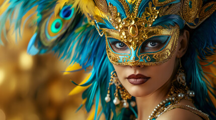 Fantasy portrait of woman in ornate feathered mask, vibrant colors, digital art with copy space