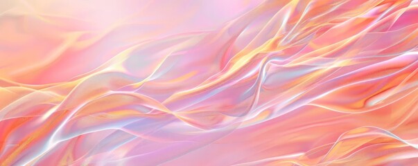 Obraz premium Holographic peach abstract pastel color backdrop. Hologram neon gradient background. Foil smooth effect. Psychedelic iridescent background, trend of 80s, 90s