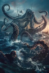 Fototapeta premium An octopus attacks a ship in the open ocean, creating a dramatic and intense scene