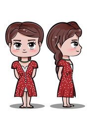 CIMAHI, INDONESIA-JUNE 25, 2024-A beautiful young lady, village woman with braid hair and red gown. Vector graphic design character illustration for collection, poster,background,wallpaper,sticker.