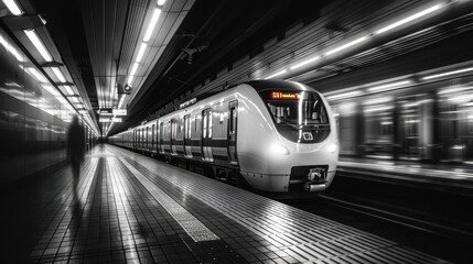 Fototapeta premium Black and White Photo of Electric Train Moving Through Subway Station, Blurred Motion and Speed Lines, Dark Background, Side View 