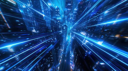 Cityscape with Bright Blue Light Streaks