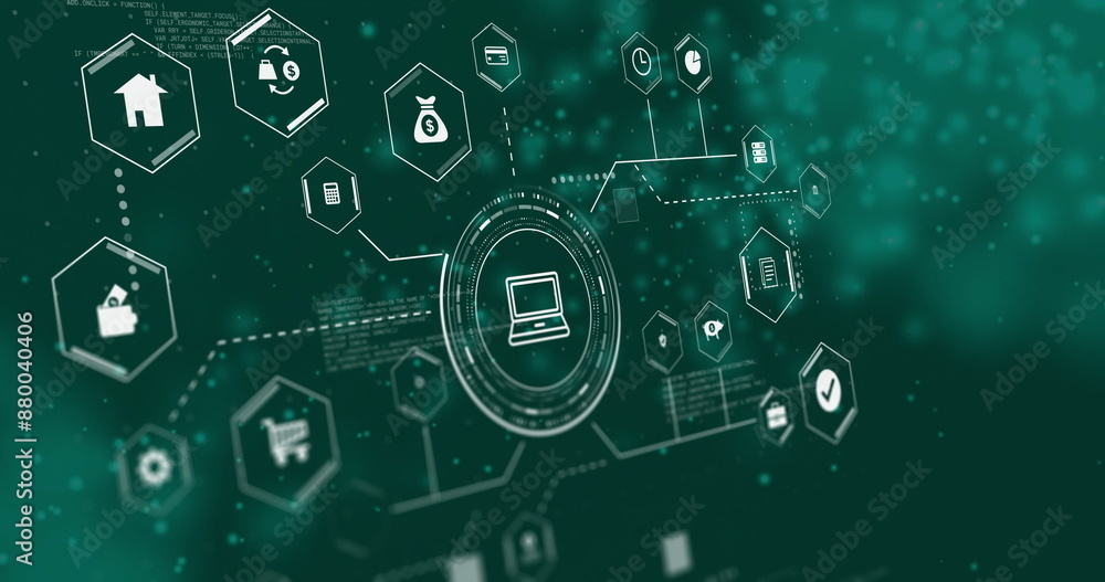 Poster image of network of connections with icons and data processing over spots on black background