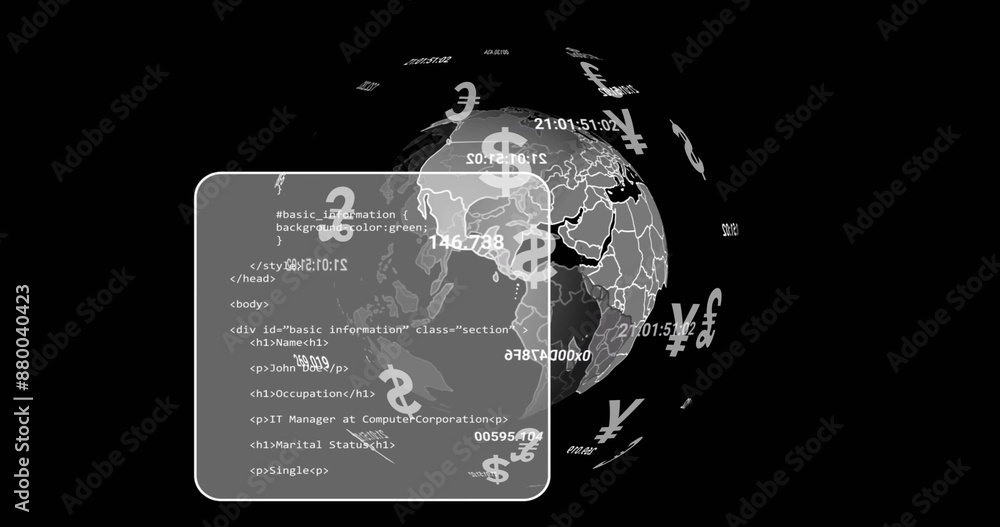 Poster image of globe with currency symbols and data processing on black background
