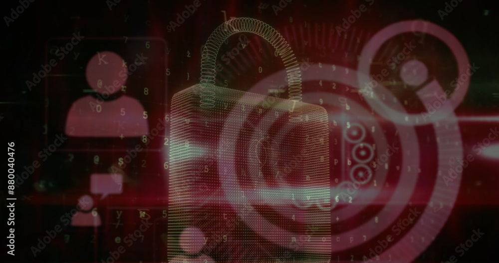 Poster image of data processing and padlock on black background