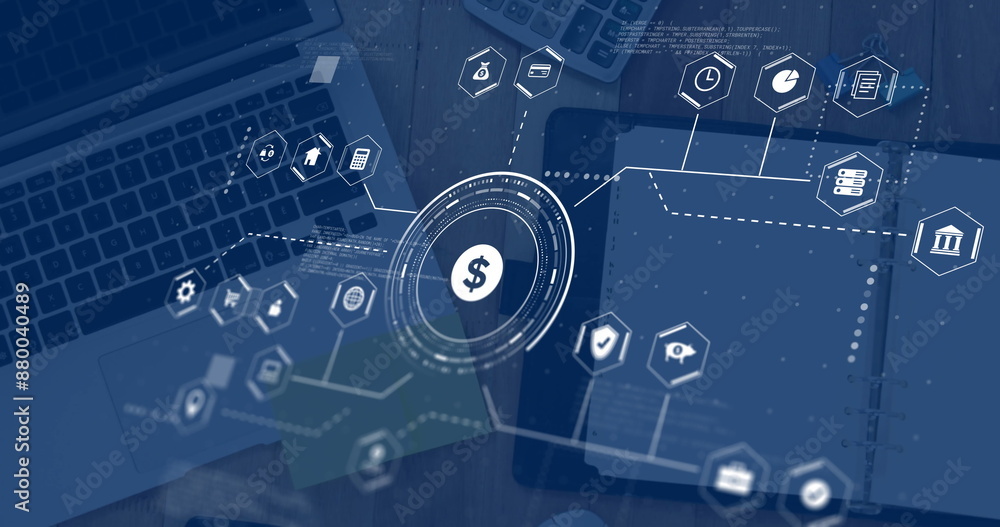Poster image of connections with business icons and data processing over laptop