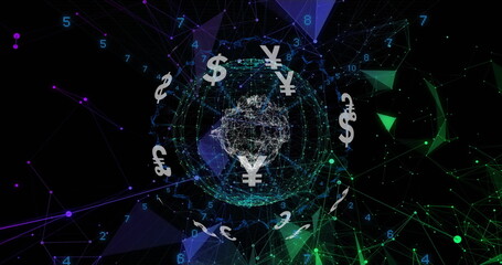 Image of globe of connections with currency symbols and data processing on black background