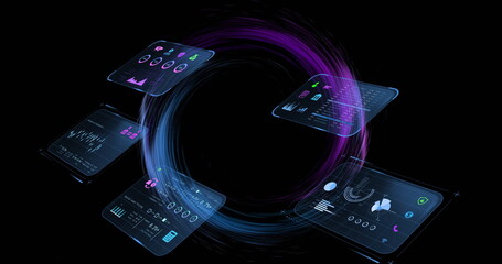 Image of financial data processing over cirlces on black background