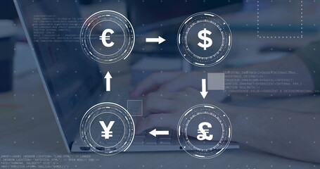 Image of currency symbols with data processing over caucasian businessman using laptop