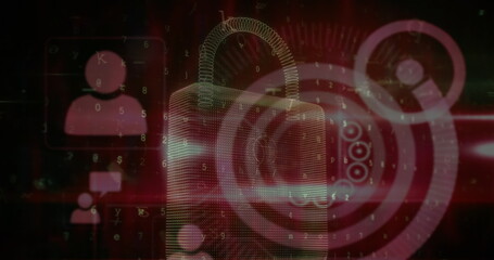 Image of data processing and padlock on black background