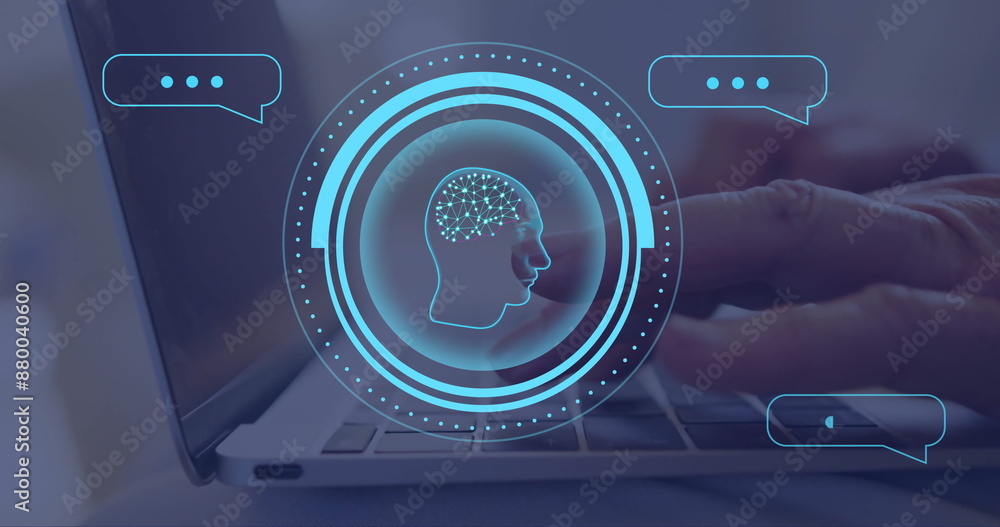 Poster image of ai brain and data processing over caucasian man typing on computer