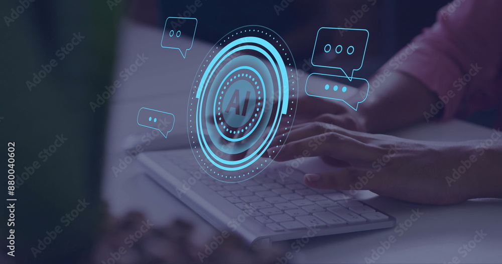 Poster image of ai data processing over caucasian man typing on computer