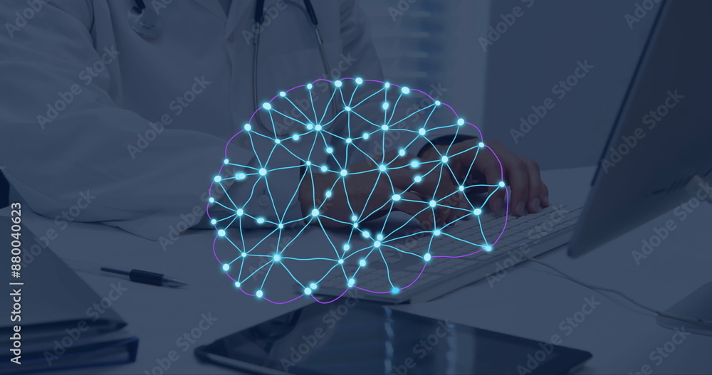 Poster image of ai data processing over caucasian male doctor typing on computer