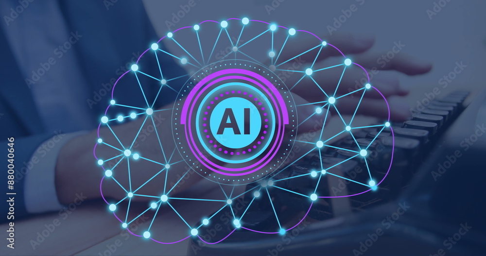 Aufkleber image of brain and ai data processing over caucasian woman using computer