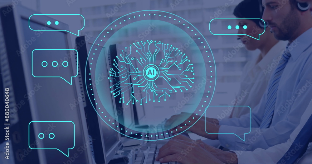 Poster image of ai data processing and brain over diverse people using computers