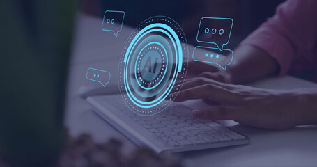 Image of ai data processing over caucasian man typing on computer