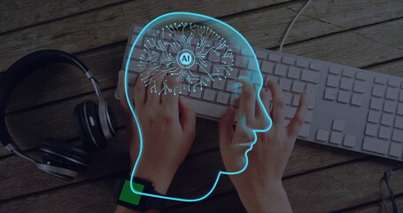 Image of ai brain and data processing over caucasian man typing on computer