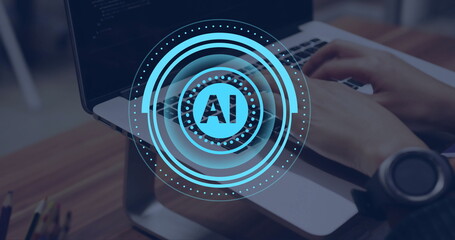 Image of ai data processing over caucasian woman using computer