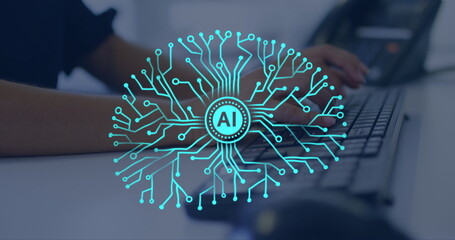 Image of brain and ai data processing over caucasian woman using computer