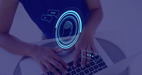 Image of brain and ai data processing over caucasian woman using computer