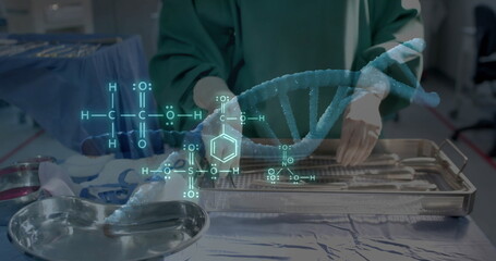 Image of dna strand and scientific data processing over biracial female surgeon in hospital
