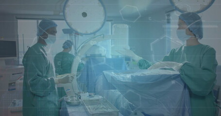 Image of scientific data processing over diverse surgeons in hospital