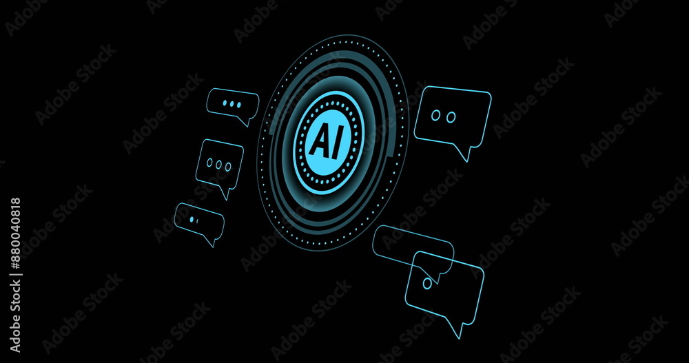 Poster image of text and ai data processing over black background