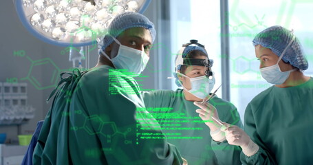 Image of scientific data processing over diverse surgeons in hospital