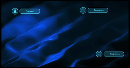 Image of ai data processing with icons over blue light trails background