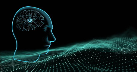 Image of human brain and ai data processing over black background